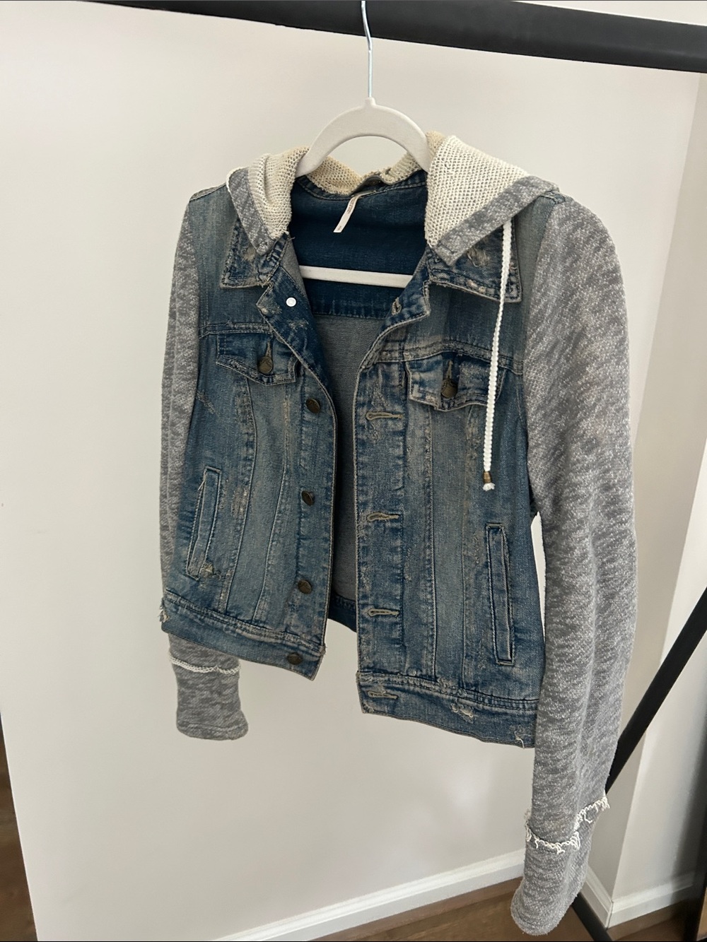 Free People Denim Hooded Jacket with Gray Knit Sleeves